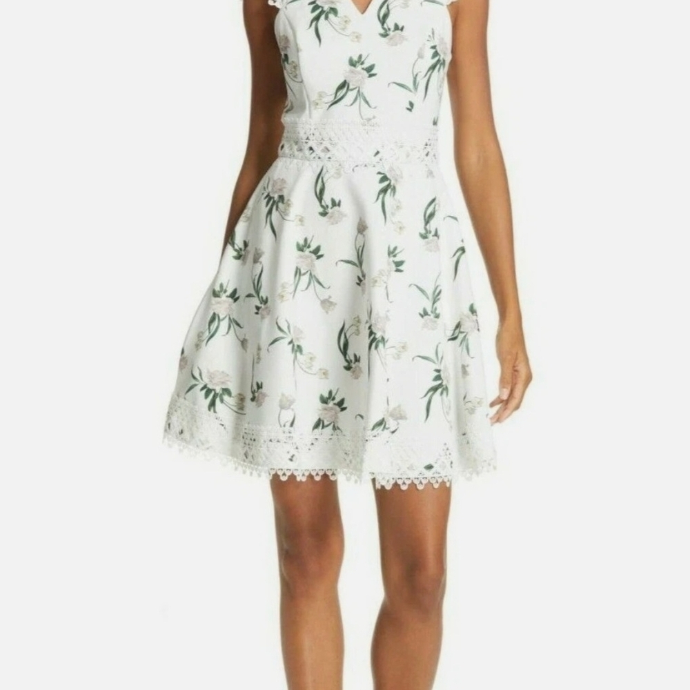 Ted Baker White Dress with Green Floral Design